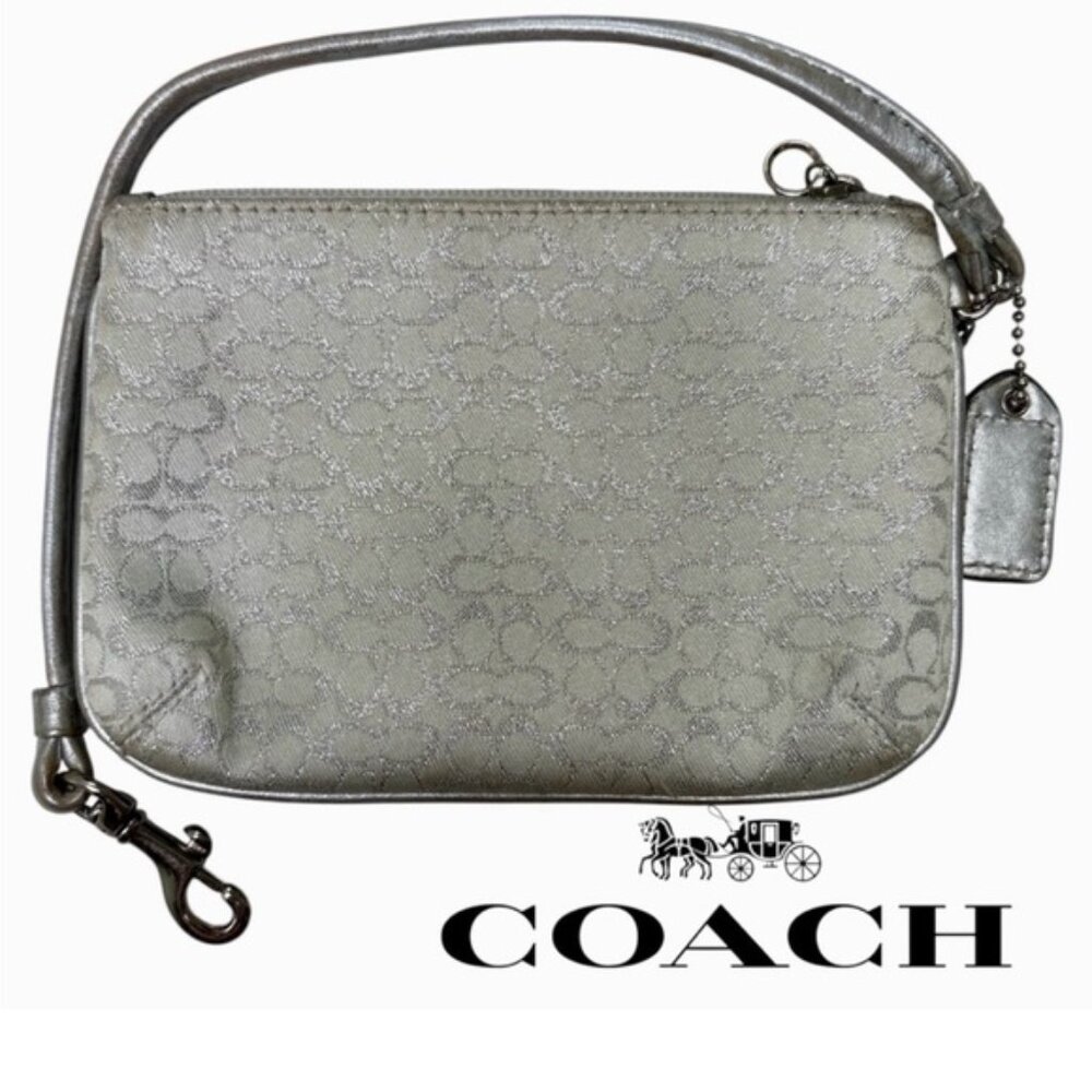 Coach Signature Jacquad Metallic (Silver) With Leather Trim Wristlet